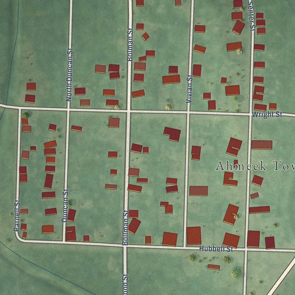 Close-up of the map of Ahmeek, Michigan print showing street and building detail
