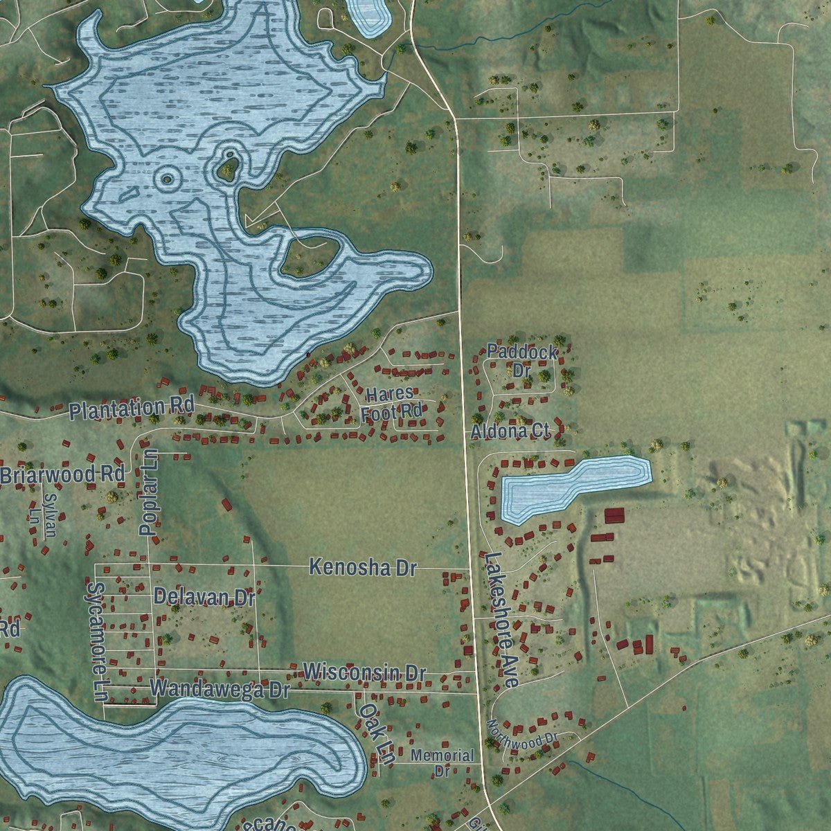 Close-up of the map of Sugar Creek, Wisconsin print showing street and building detail