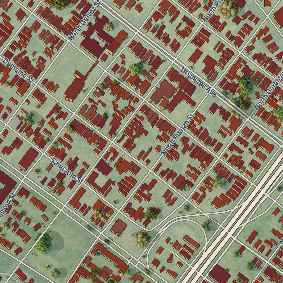 Close-up of the map of Sixth Ward - Treme - Lafitte, Louisiana print showing street and building detail
