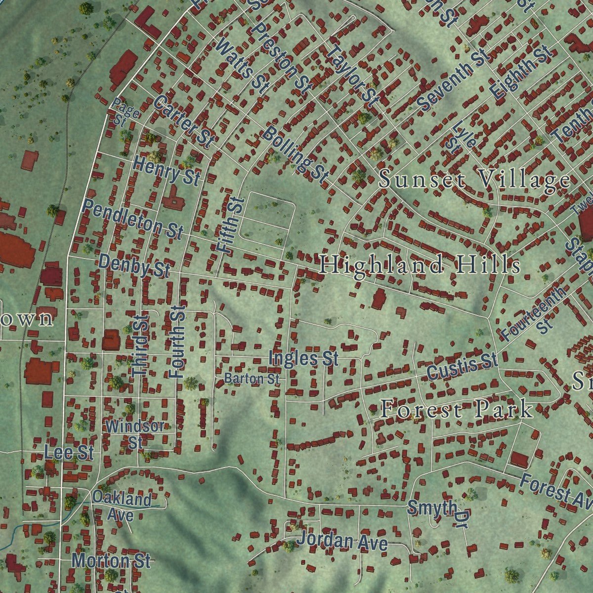 Close-up of the map of Radford, Virginia print showing street and building detail