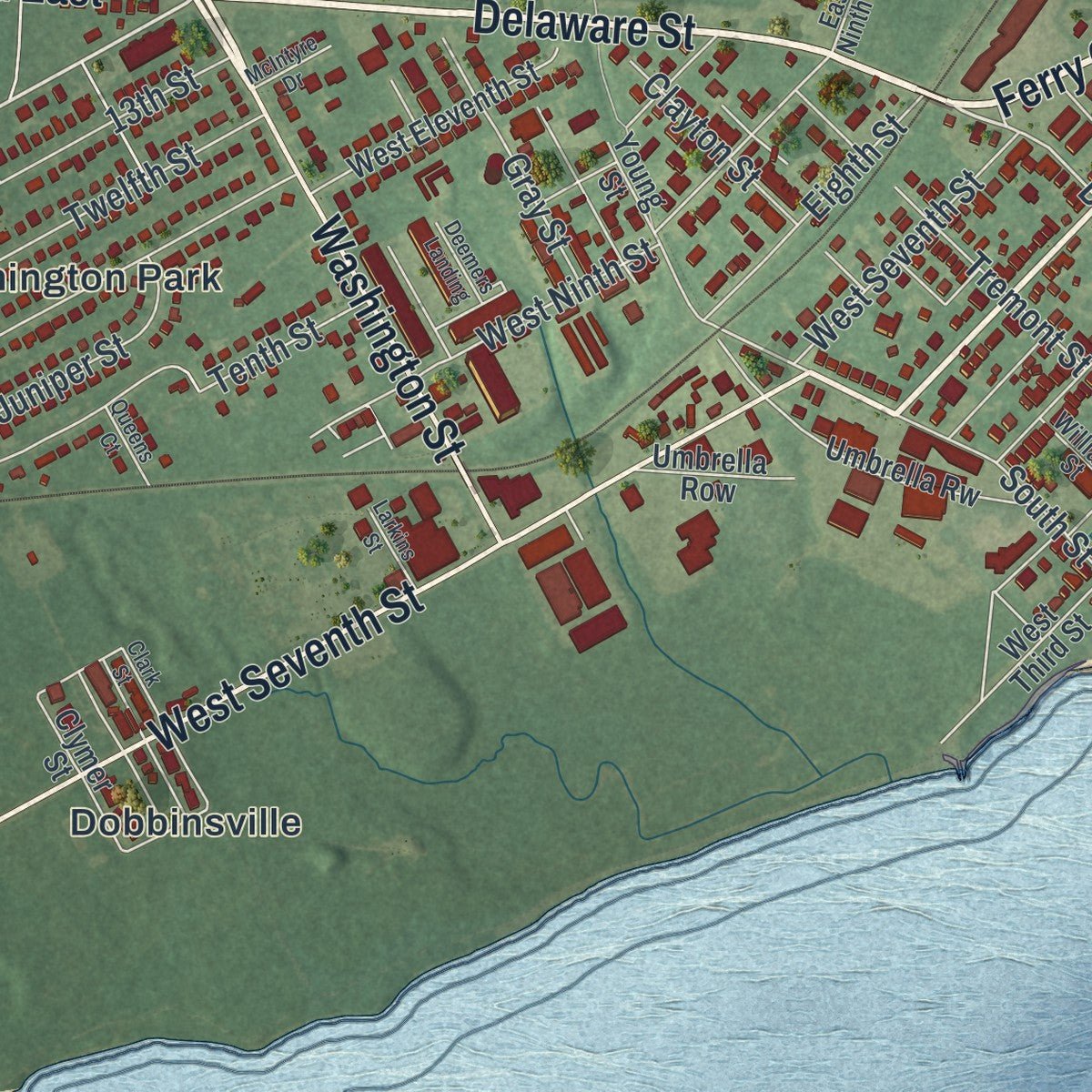 Close-up of the map of New Castle, Delaware print showing street and building detail