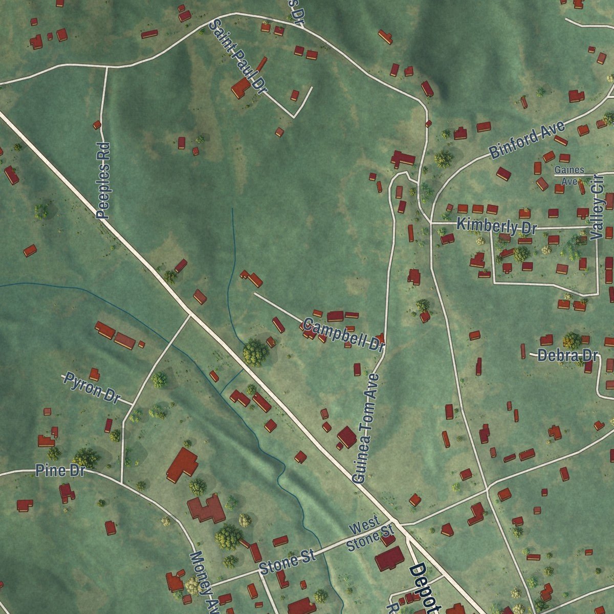 Close-up of the map of Kilmichael, Mississippi print showing street and building detail