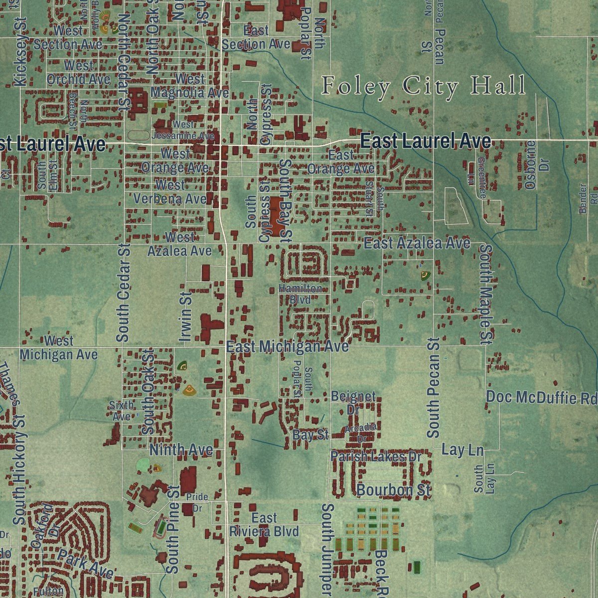 Close-up of the map of Foley, Alabama print showing street and building detail