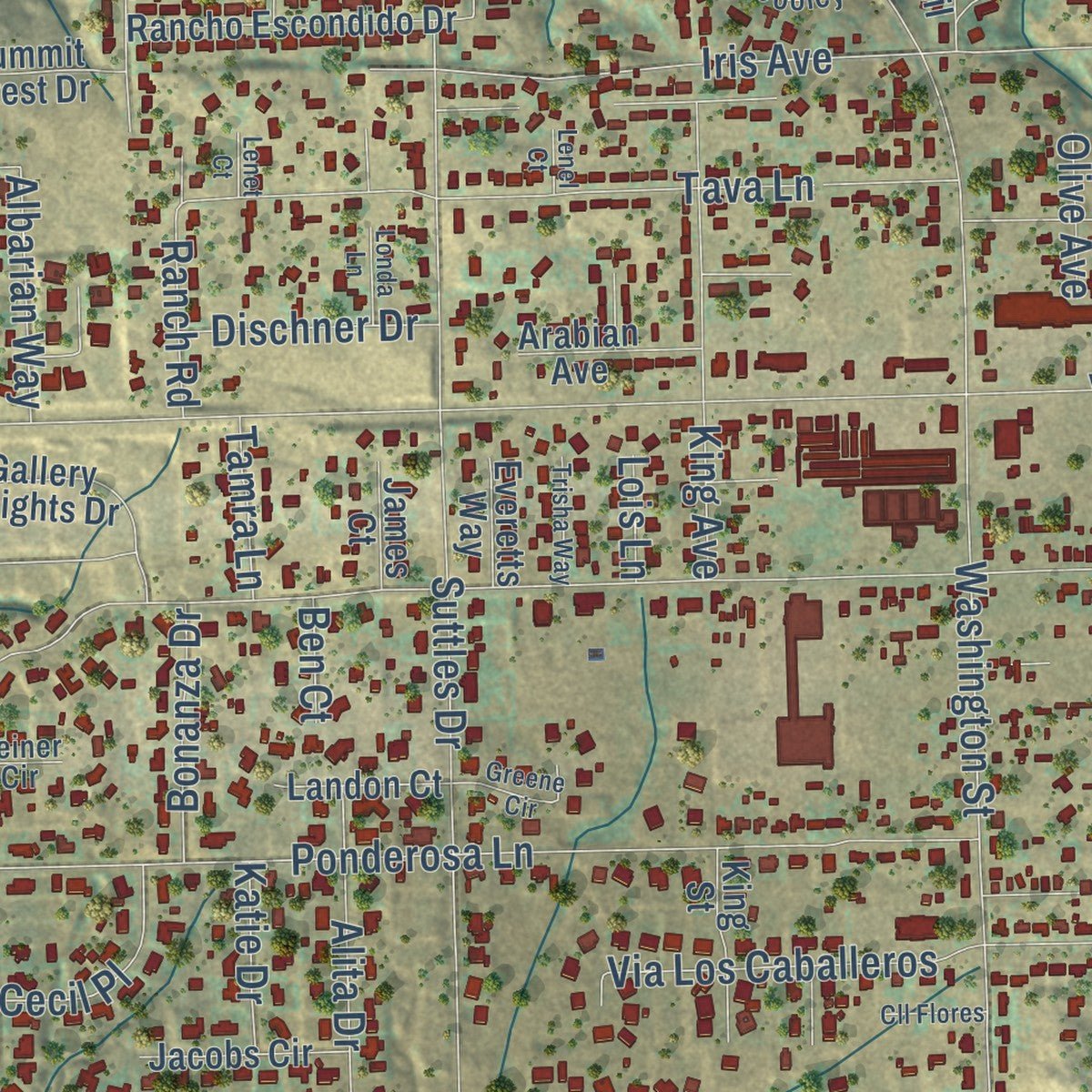 Close-up of the map of Woodcrest, California print showing street and building detail