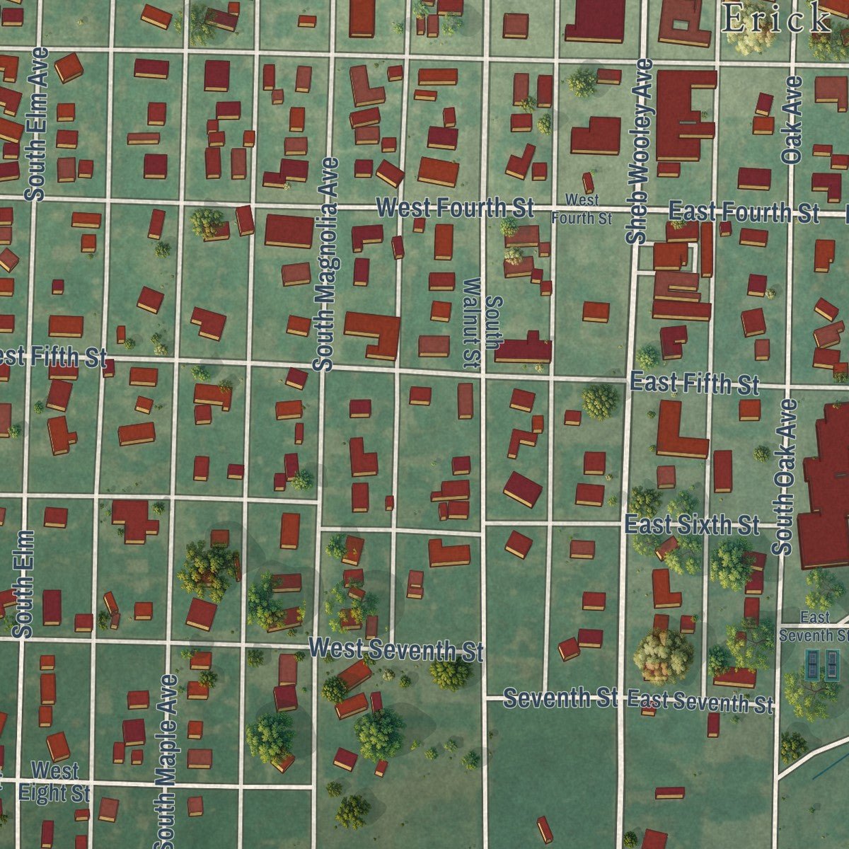 Close-up of the map of Erick, Oklahoma print showing street and building detail