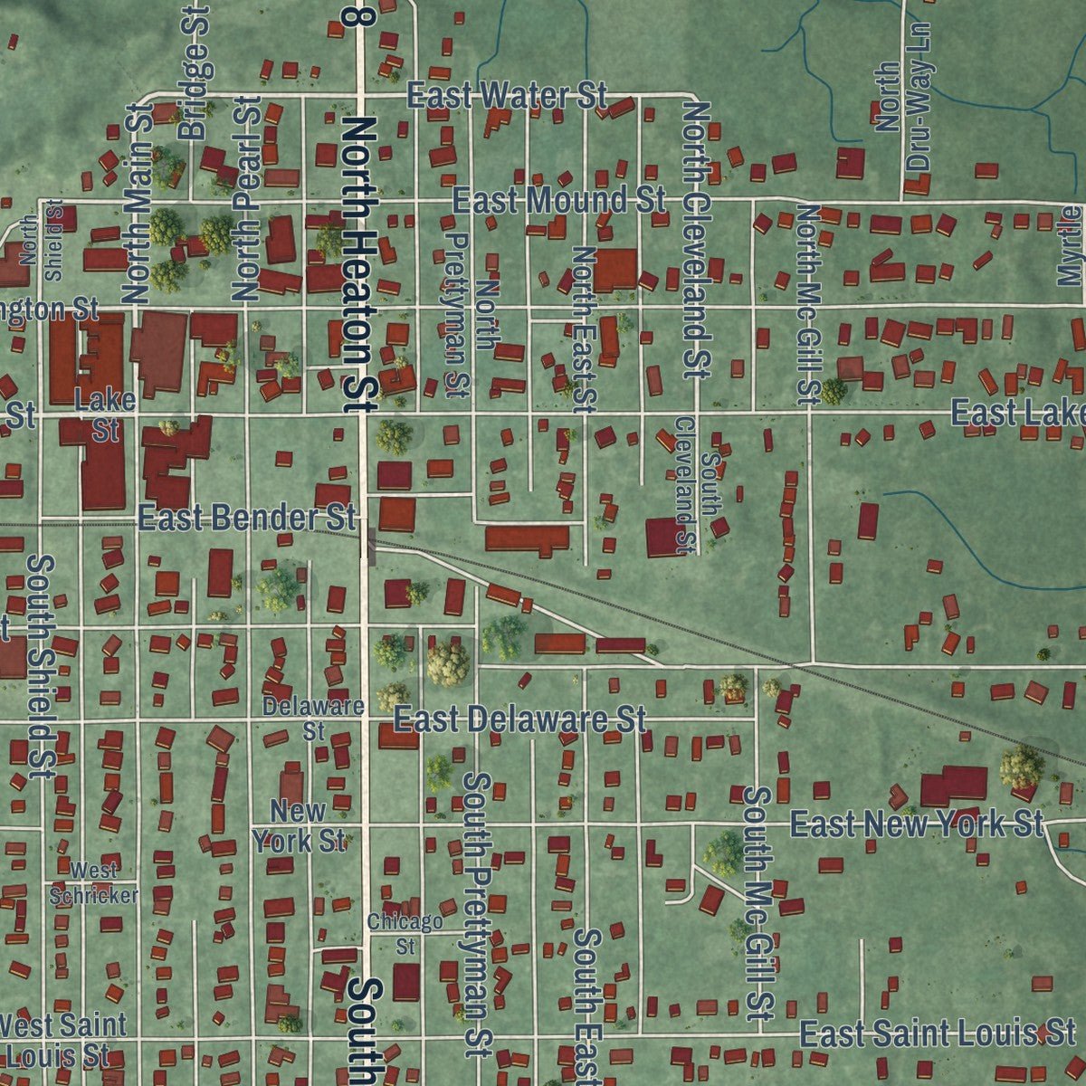 Close-up of the map of Knox, Indiana print showing street and building detail