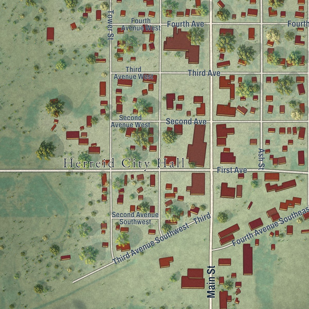 Close-up of the map of Herreid, South Dakota print showing street and building detail