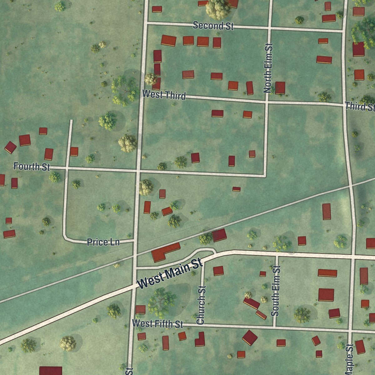 Close-up of the map of Calhoun, Missouri print showing street and building detail