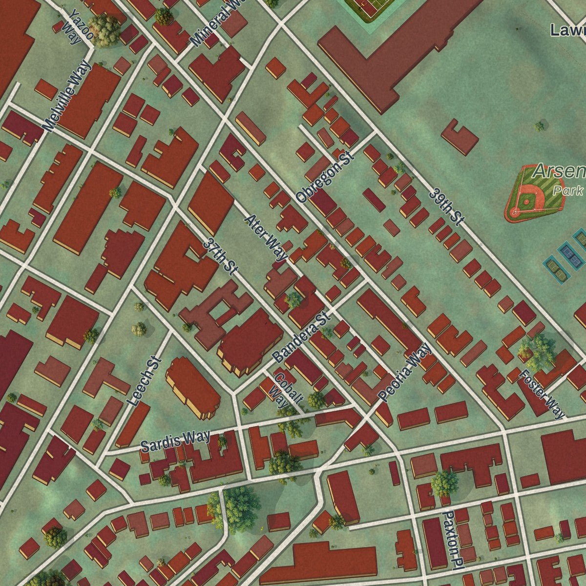 Close-up of the map of Lower Lawrenceville, Pennsylvania print showing street and building detail