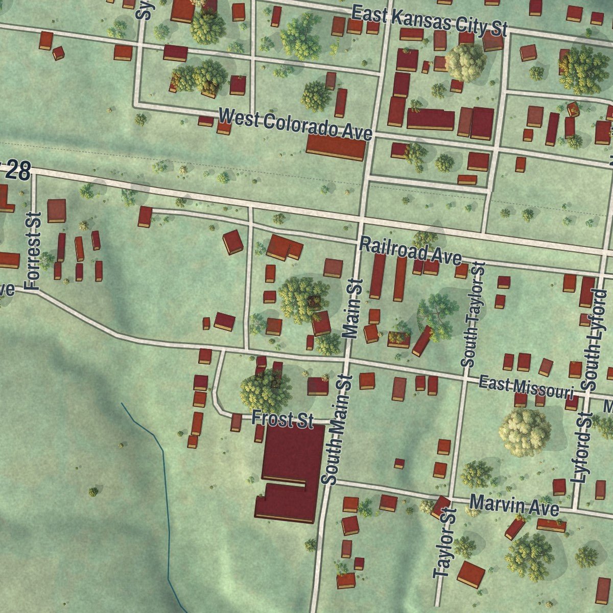 Close-up of the map of Bland, Missouri print showing street and building detail