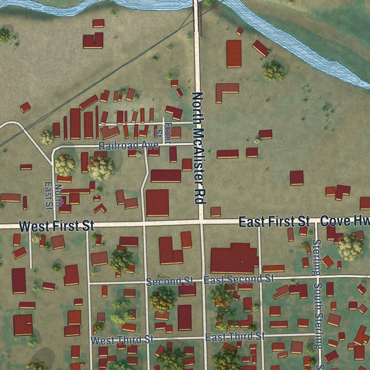 Close-up of the map of Island City, Oregon print showing street and building detail