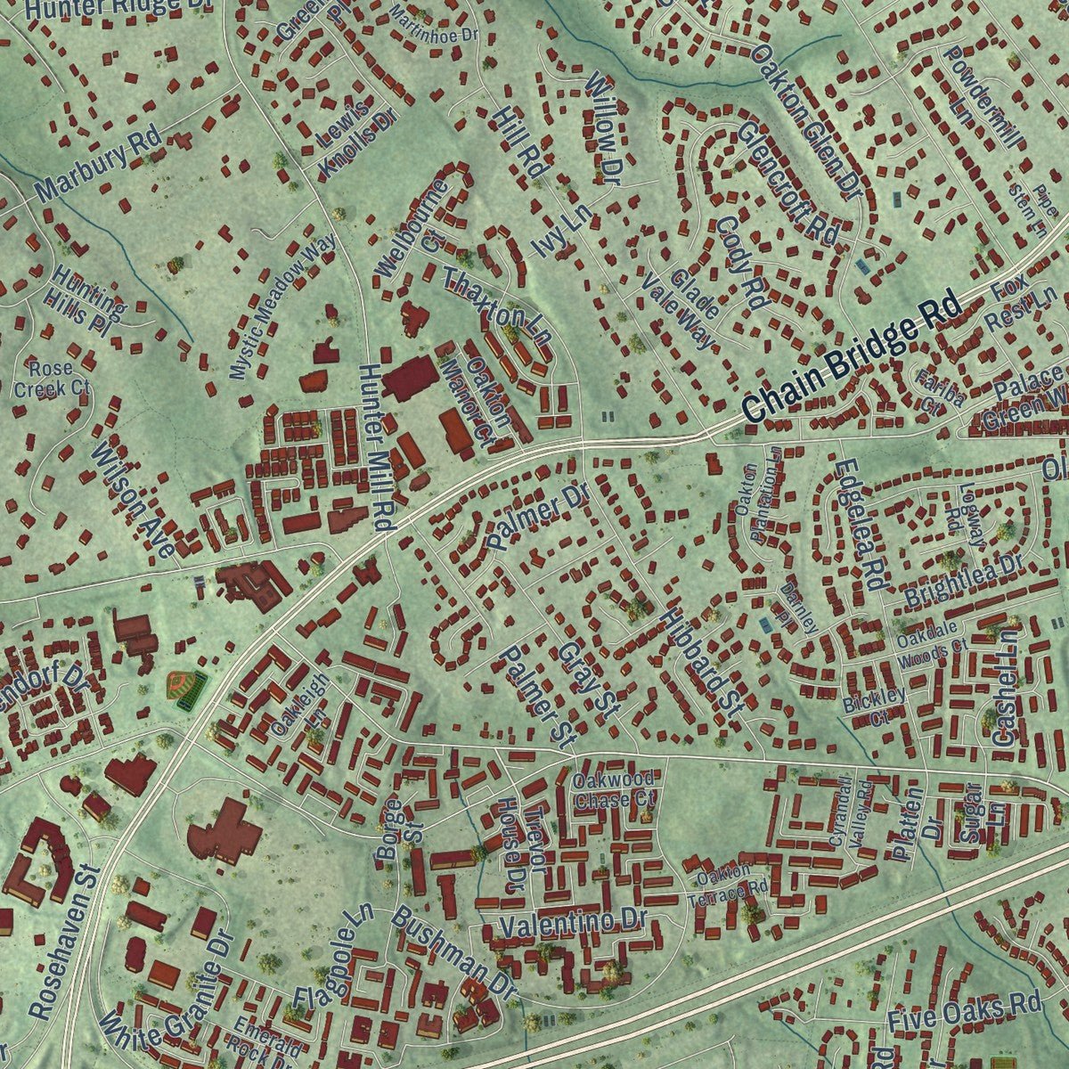 Close-up of the map of Oakton, Virginia print showing street and building detail