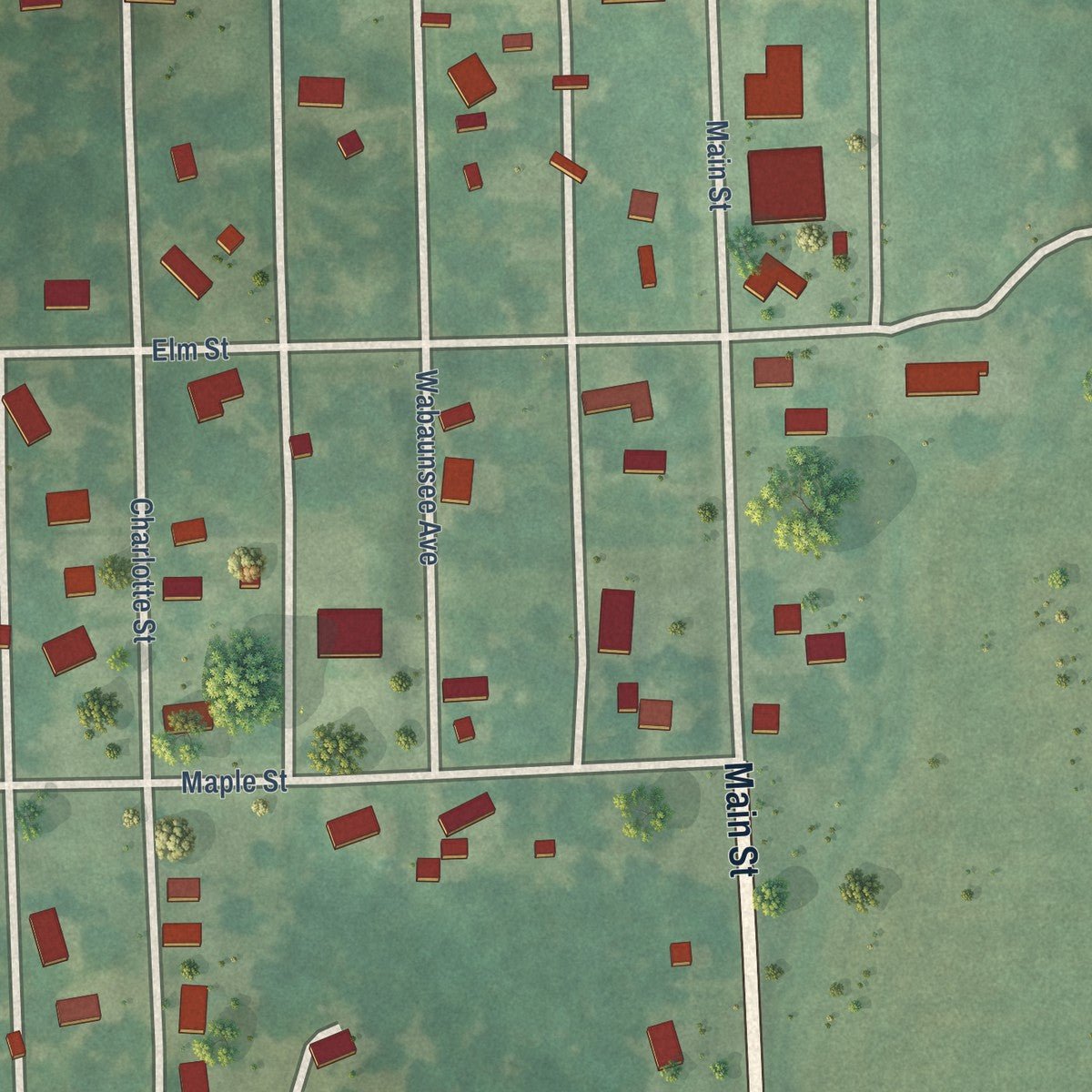 Close-up of the map of Harveyville, Kansas print showing street and building detail