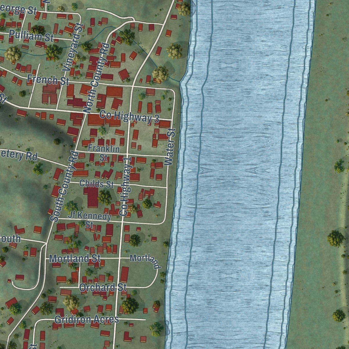 Close-up of the map of Hardin, Illinois print showing street and building detail