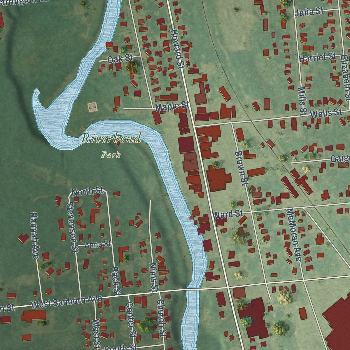 Close-up of the map of Croswell, Michigan print showing street and building detail