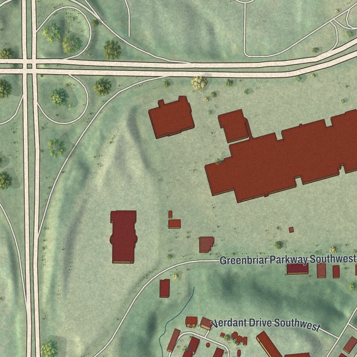 Close-up of the map of Greenbriar, Georgia print showing street and building detail