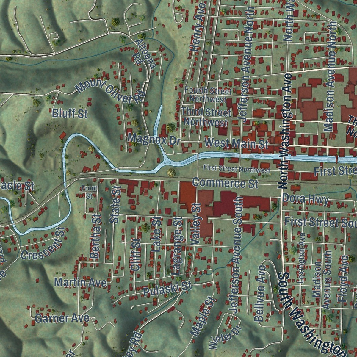 Close-up of the map of Pulaski, Virginia print showing street and building detail
