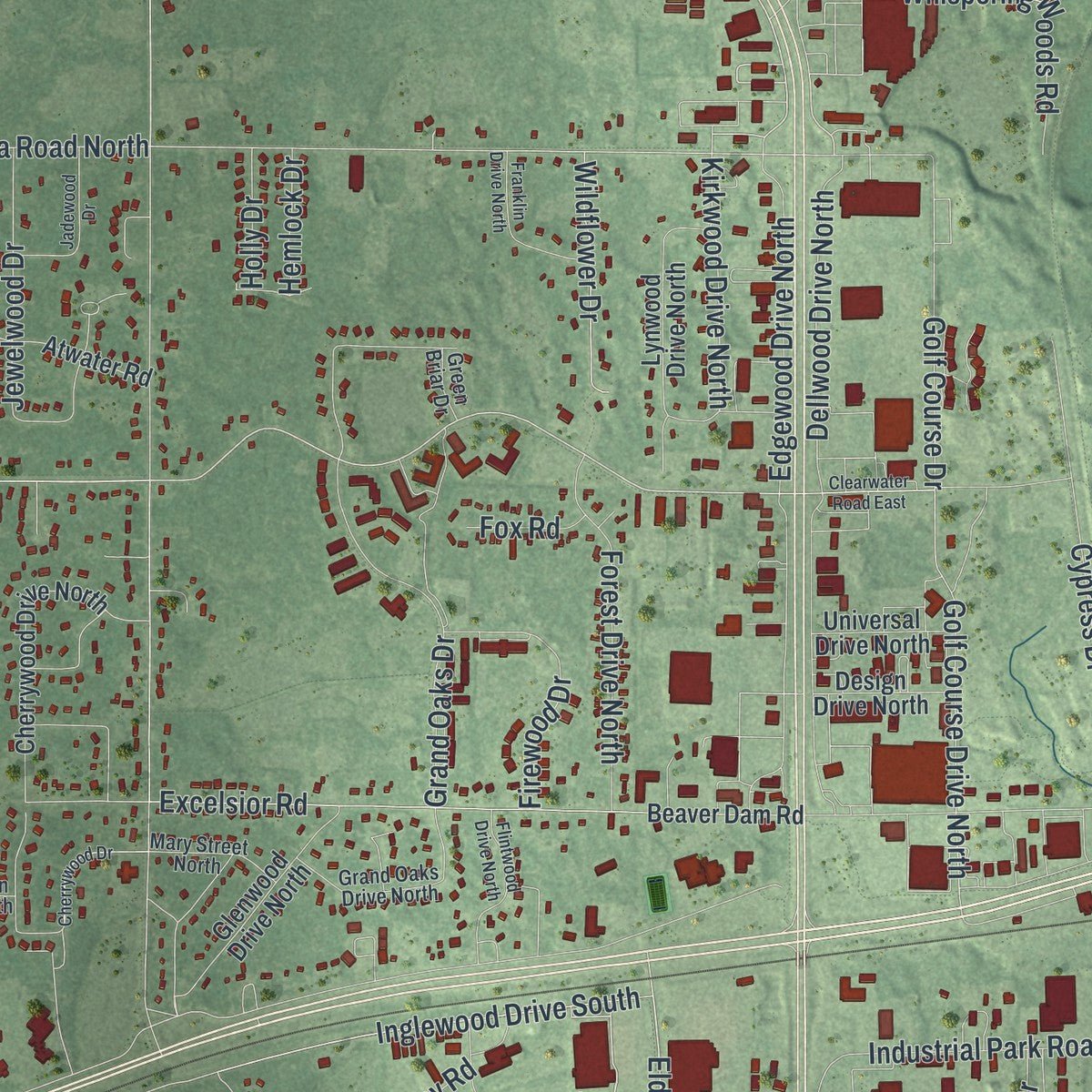 Close-up of the map of Baxter, Minnesota print showing street and building detail