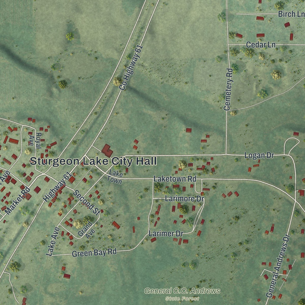 Close-up of the map of Sturgeon Lake, Minnesota print showing street and building detail