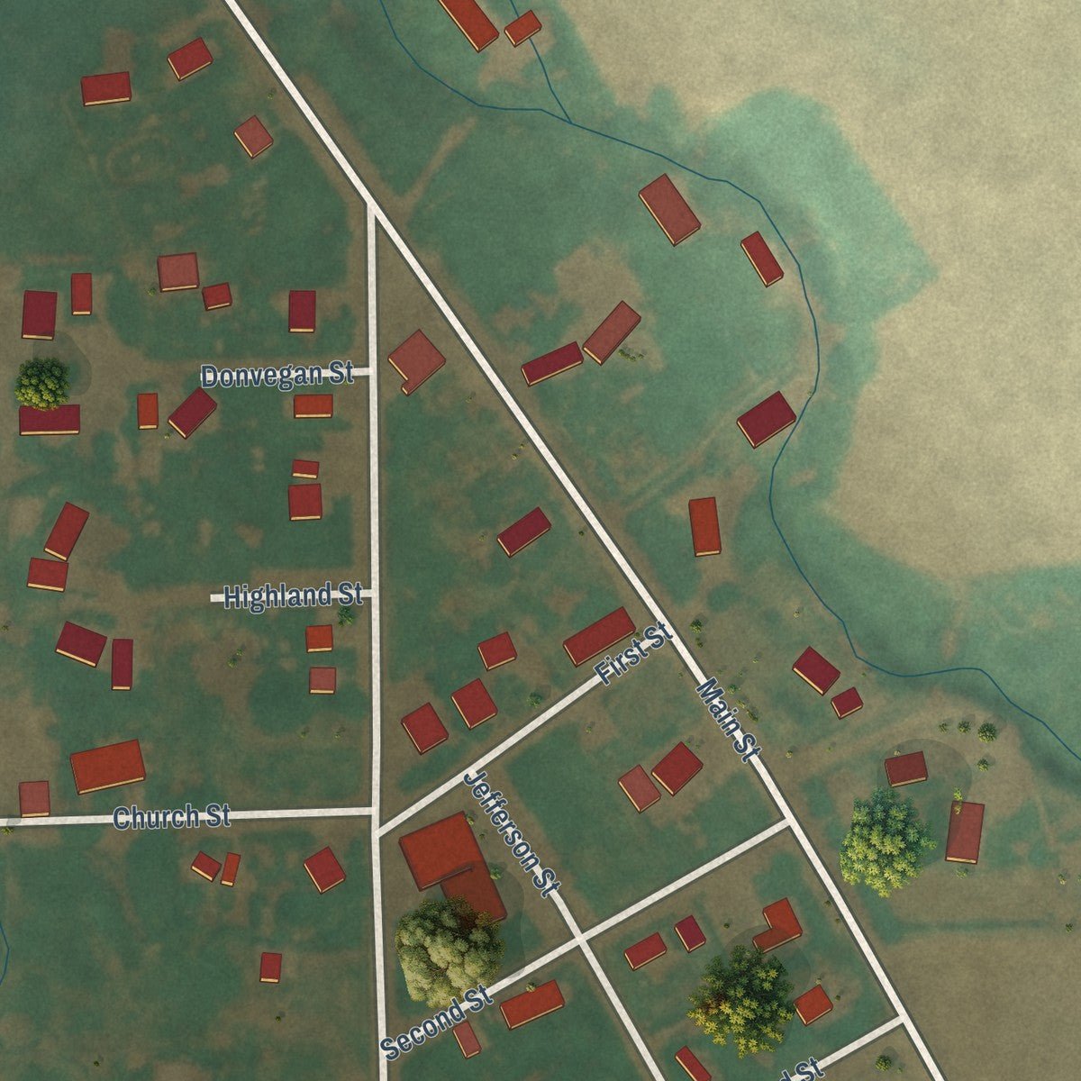 Close-up of the map of Summerville, Oregon print showing street and building detail