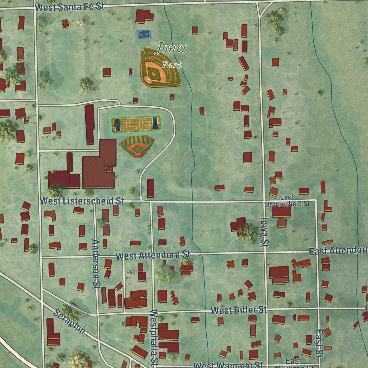 Close-up of the map of Olpe, Kansas print showing street and building detail