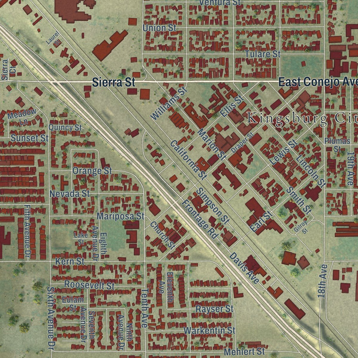 Close-up of the map of Kingsburg, California print showing street and building detail