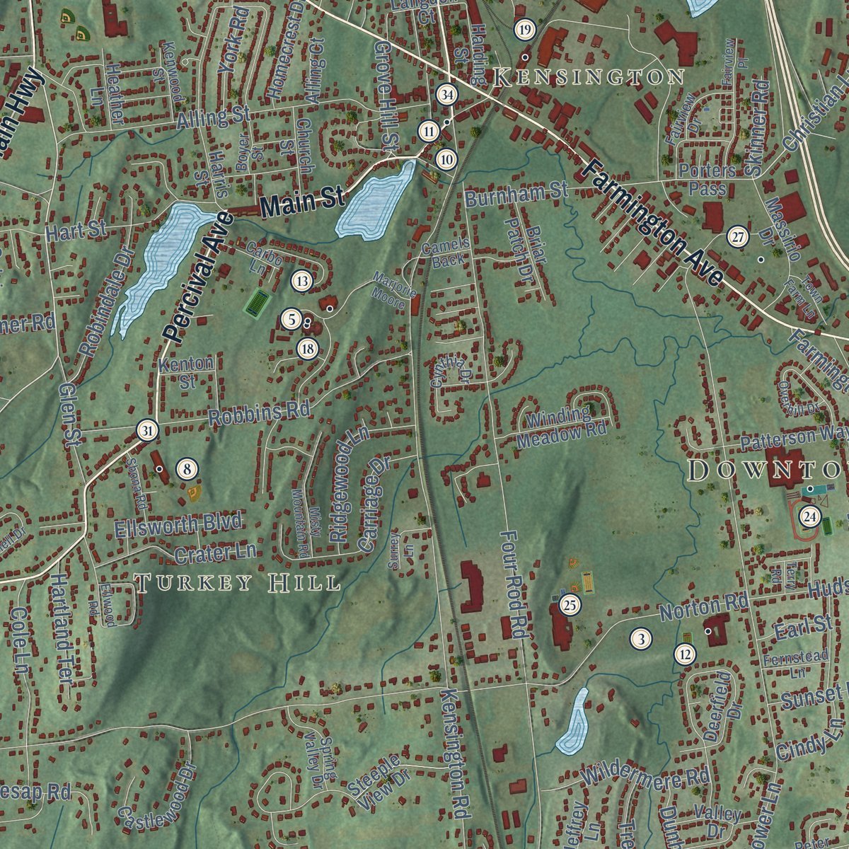 Close-up of the map of Berlin, Connecticut print showing street and building detail