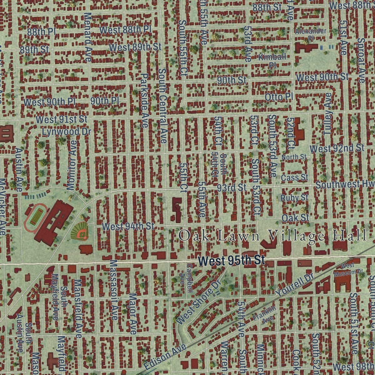Close-up of the map of Oak Lawn, Illinois print showing street and building detail