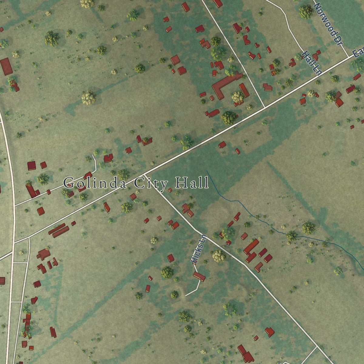 Close-up of the map of Golinda, Texas print showing street and building detail
