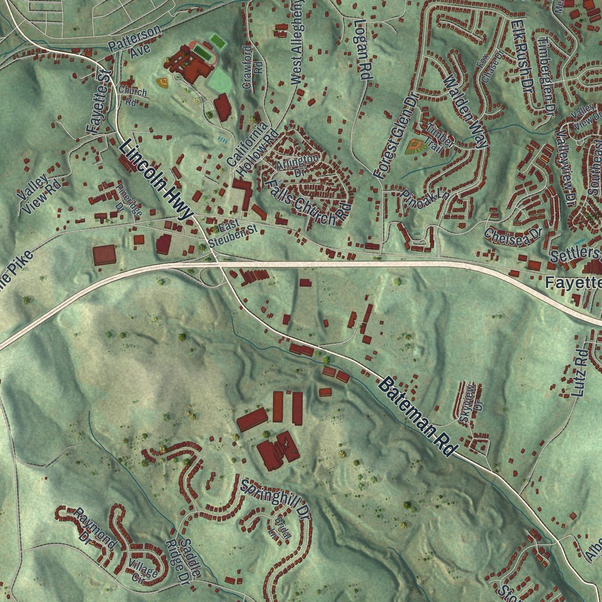 Close-up of the map of North Fayette, Pennsylvania print showing street and building detail