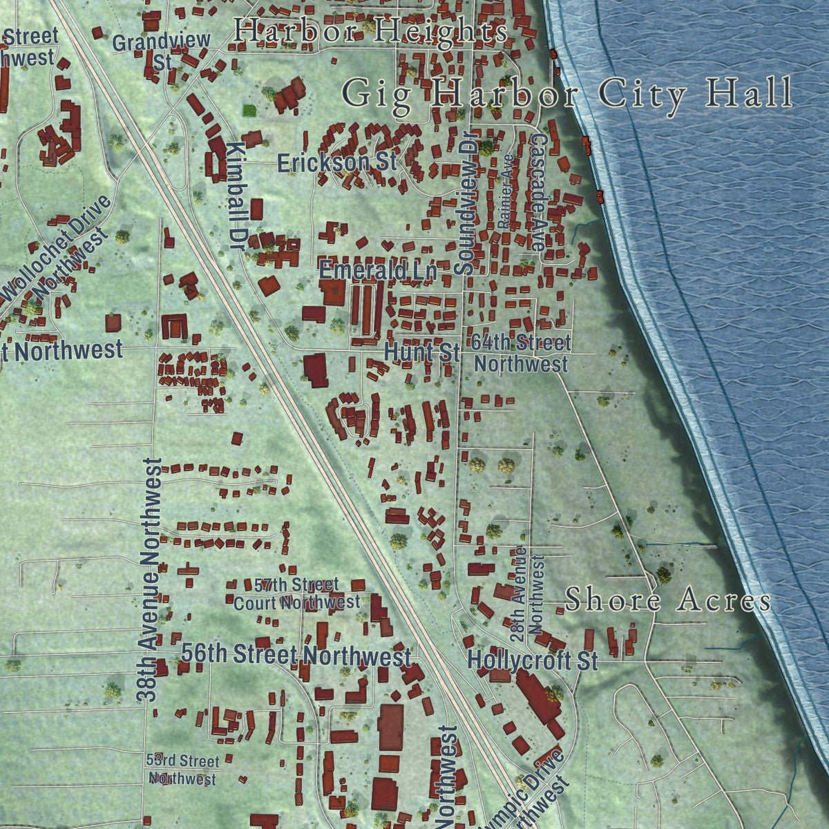 Close-up of the map of Gig Harbor, Washington print showing street and building detail