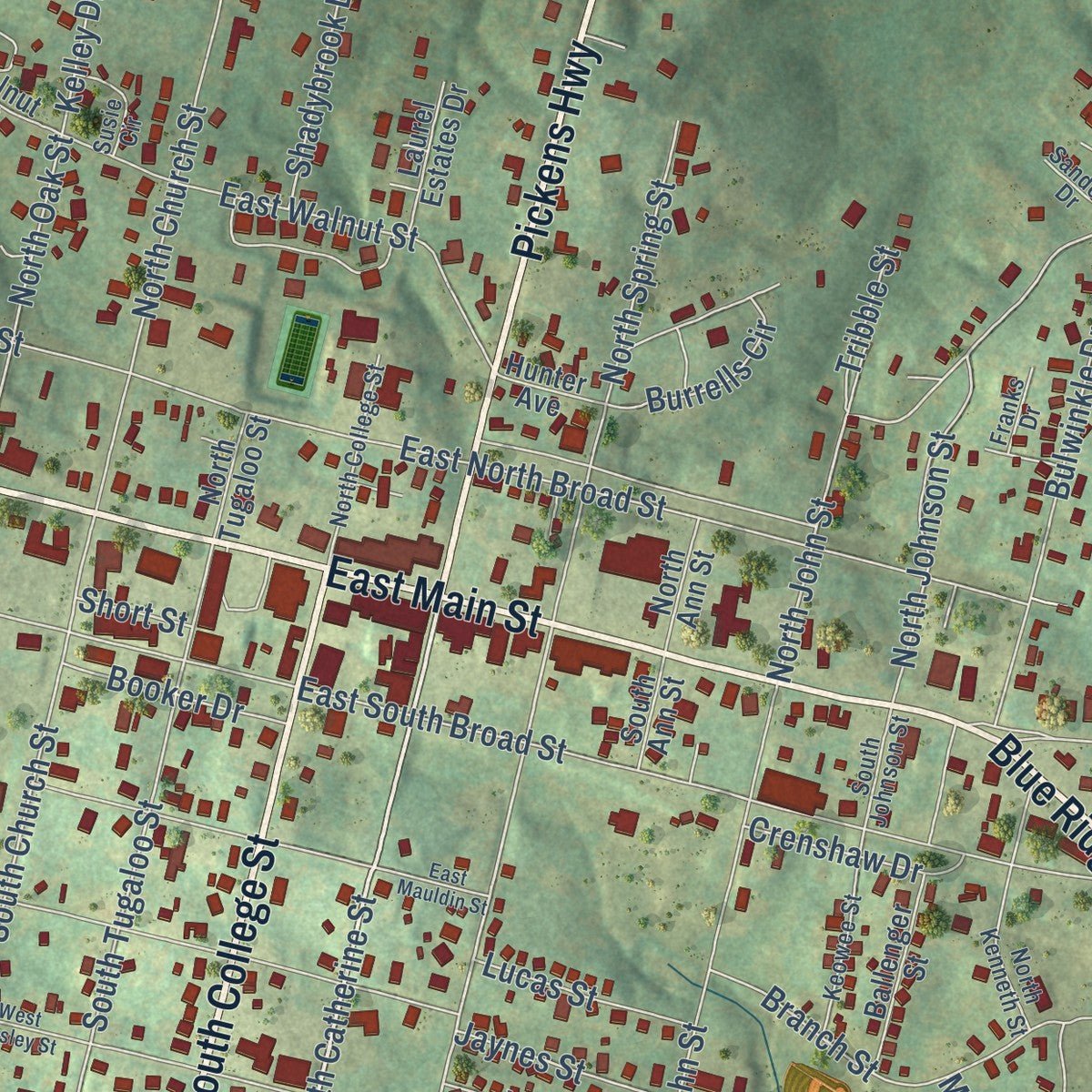Close-up of the map of Walhalla, South Carolina print showing street and building detail