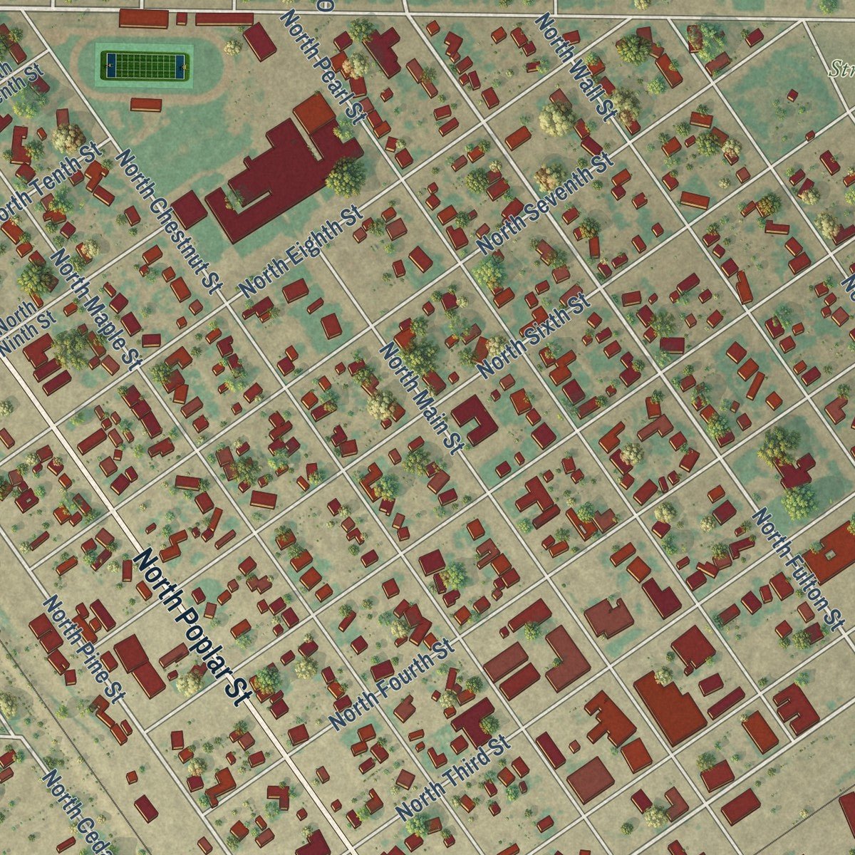Close-up of the map of Stratford, Texas print showing street and building detail