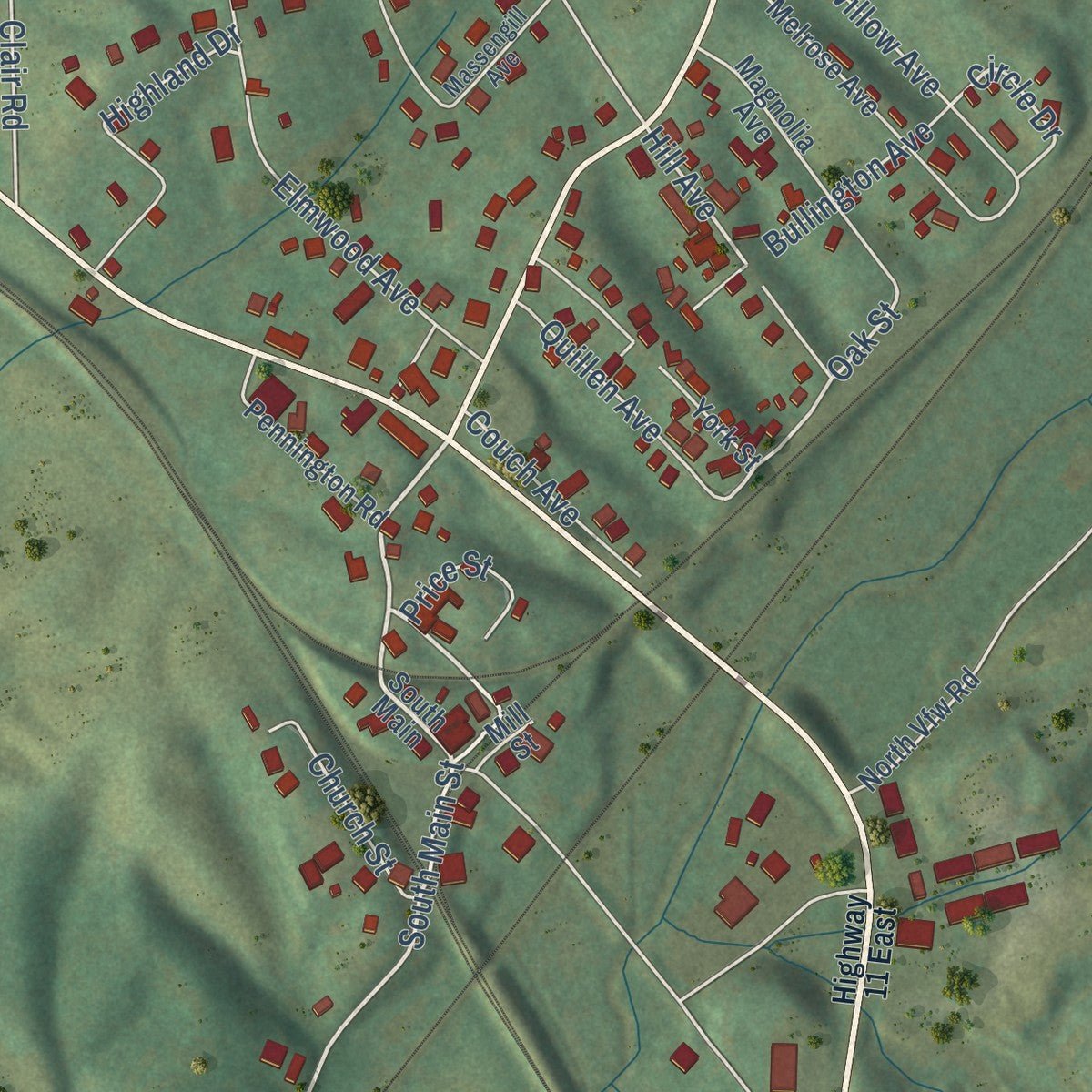 Close-up of the map of Bulls Gap, Tennessee print showing street and building detail