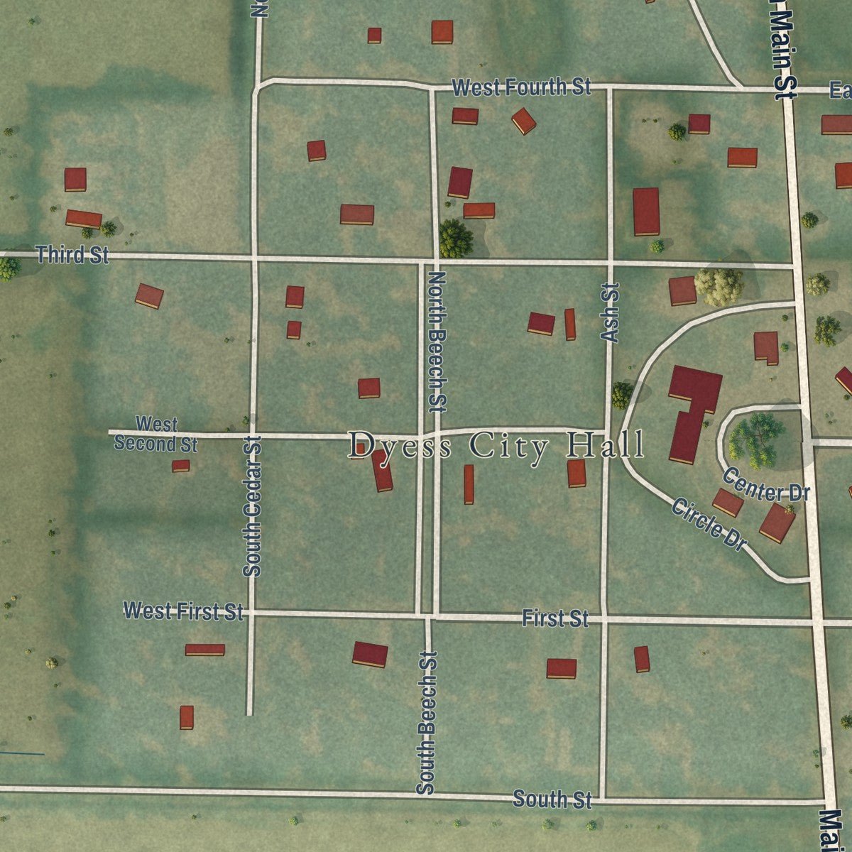 Close-up of the map of Dyess, Arkansas print showing street and building detail