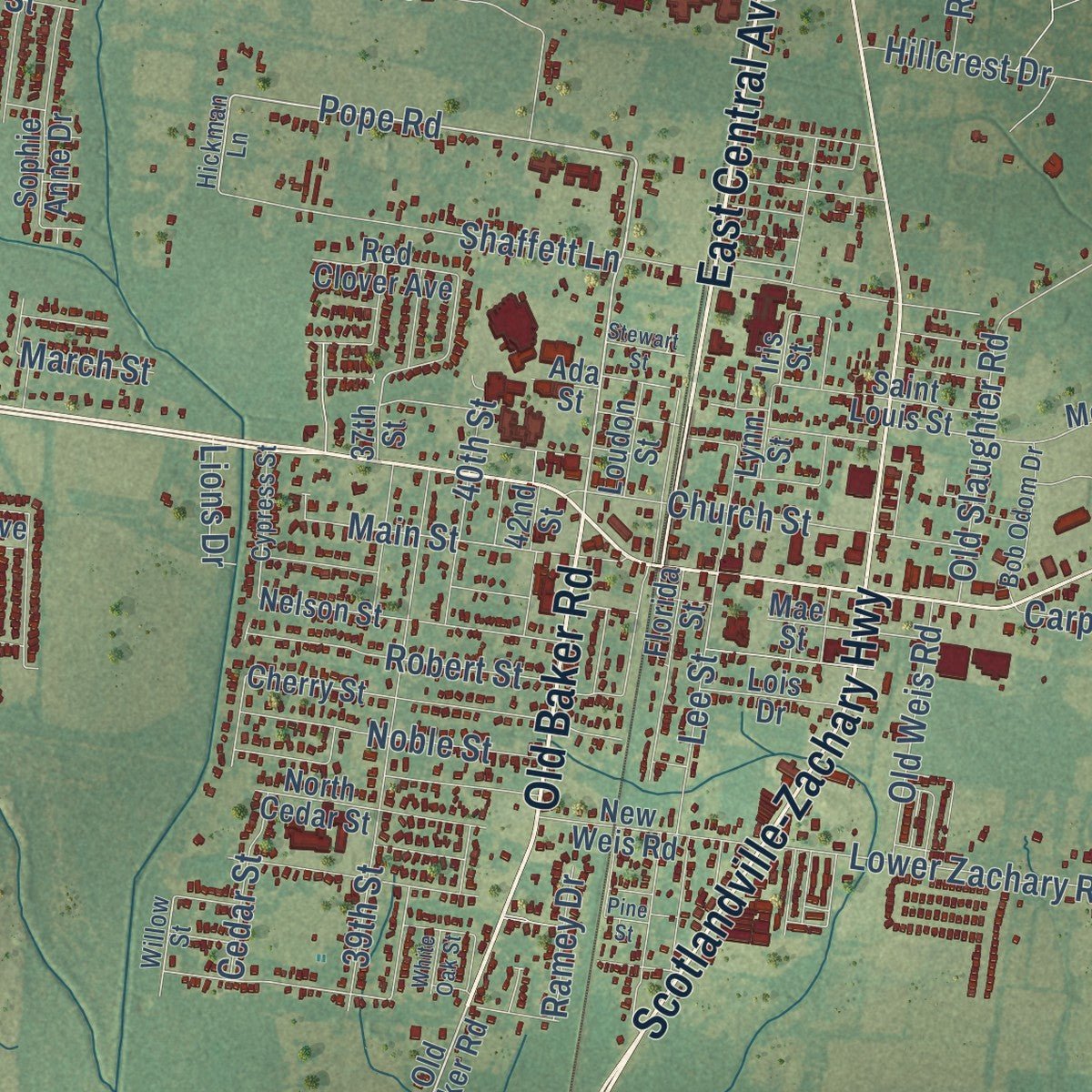 Close-up of the map of Zachary, Louisiana print showing street and building detail