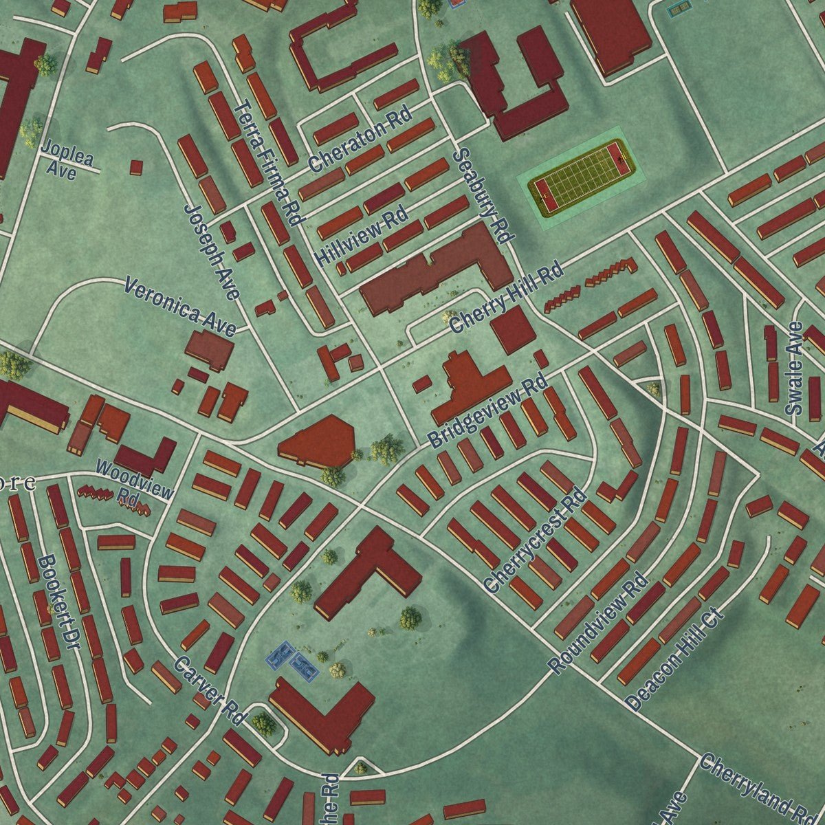 Close-up of the map of Cherry Hill, Maryland print showing street and building detail