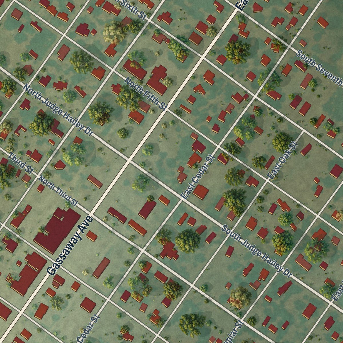 Close-up of the map of Lott, Texas print showing street and building detail