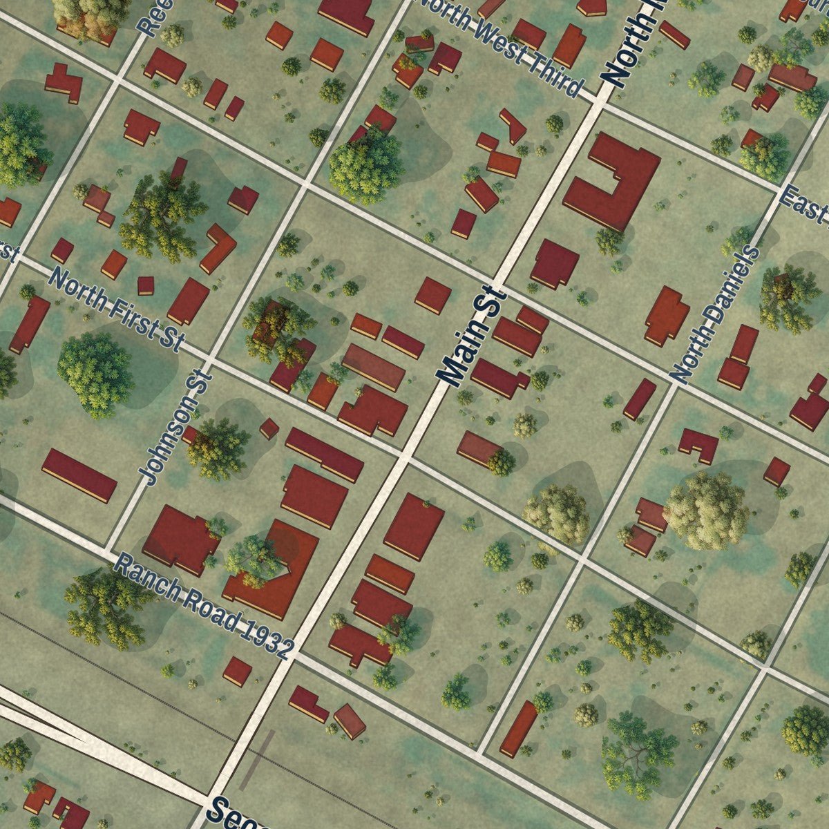 Close-up of the map of Hedley, Texas print showing street and building detail