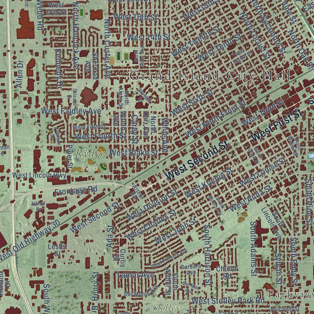 Close-up of the map of Grand Island, Nebraska print showing street and building detail