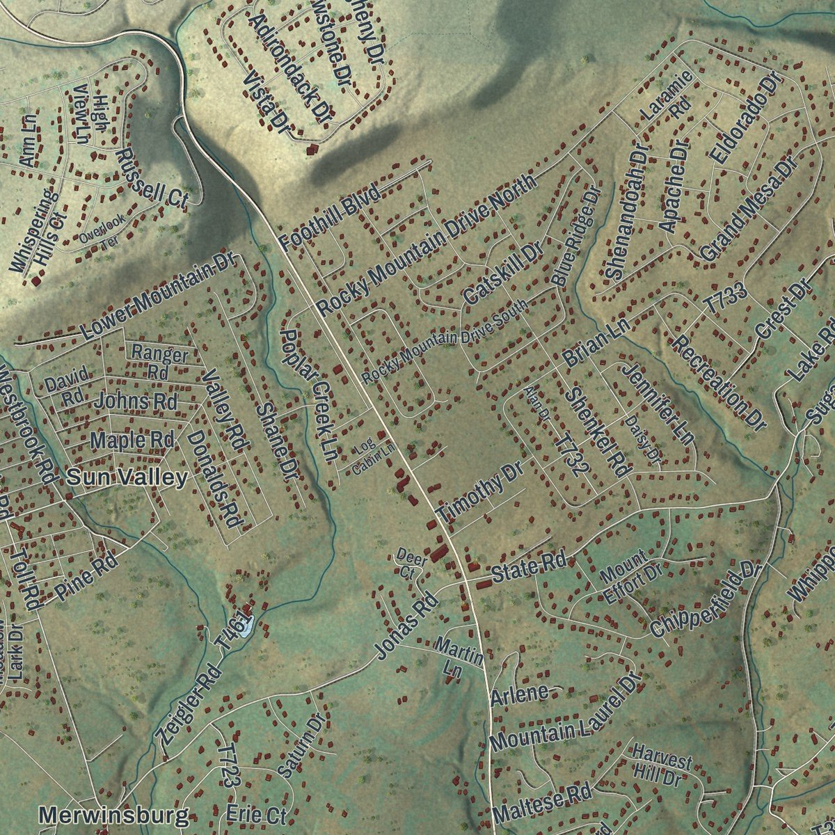 Close-up of the map of Chestnuthill, Pennsylvania print showing street and building detail