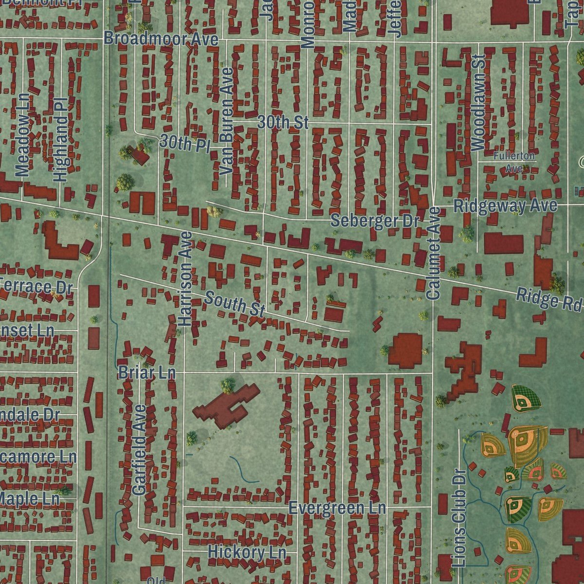 Close-up of the map of Munster, Indiana print showing street and building detail