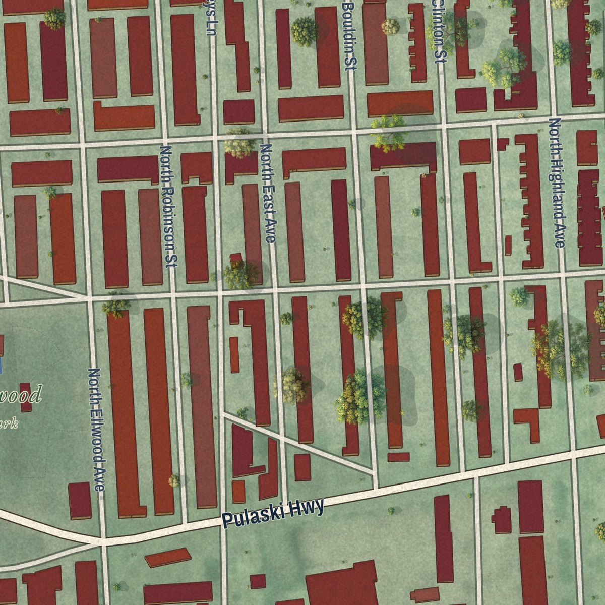 Close-up of the map of Ellwood Park-Monument, Maryland print showing street and building detail
