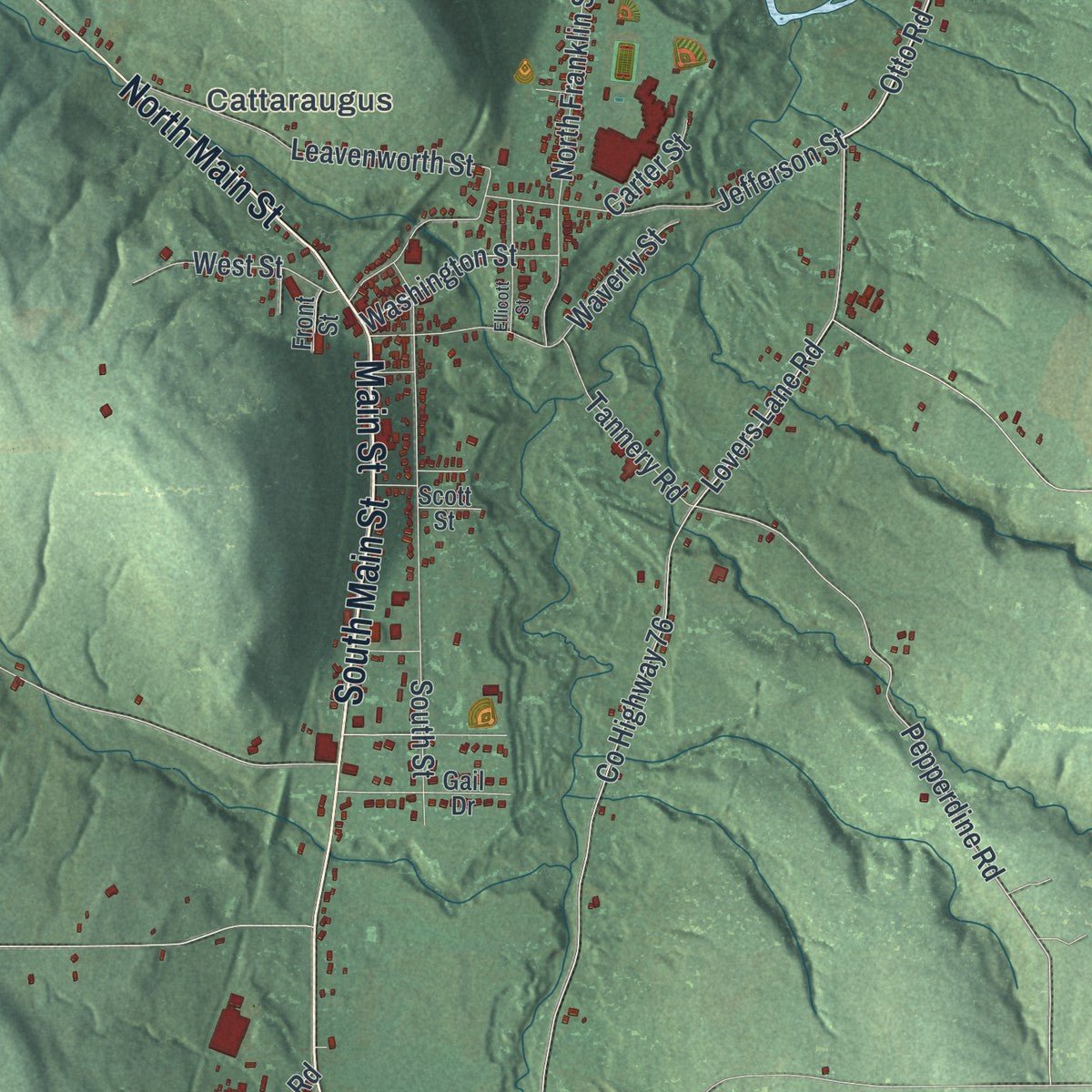 Close-up of the map of New Albion, New York print showing street and building detail