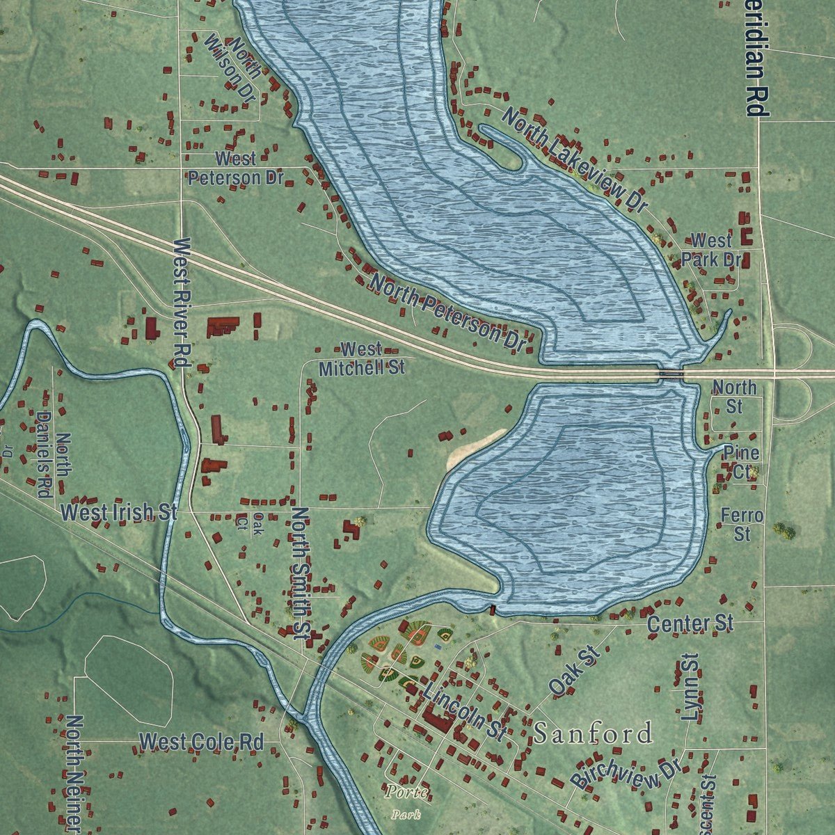 Close-up of the map of Jerome, Michigan print showing street and building detail
