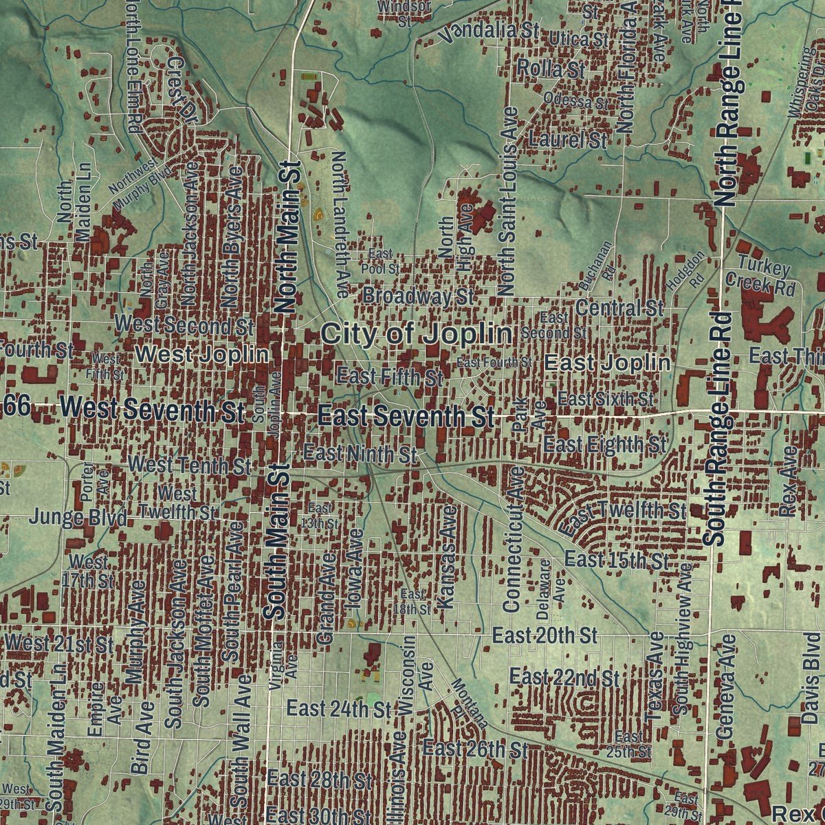 Close-up of the map of Joplin, Missouri print showing street and building detail