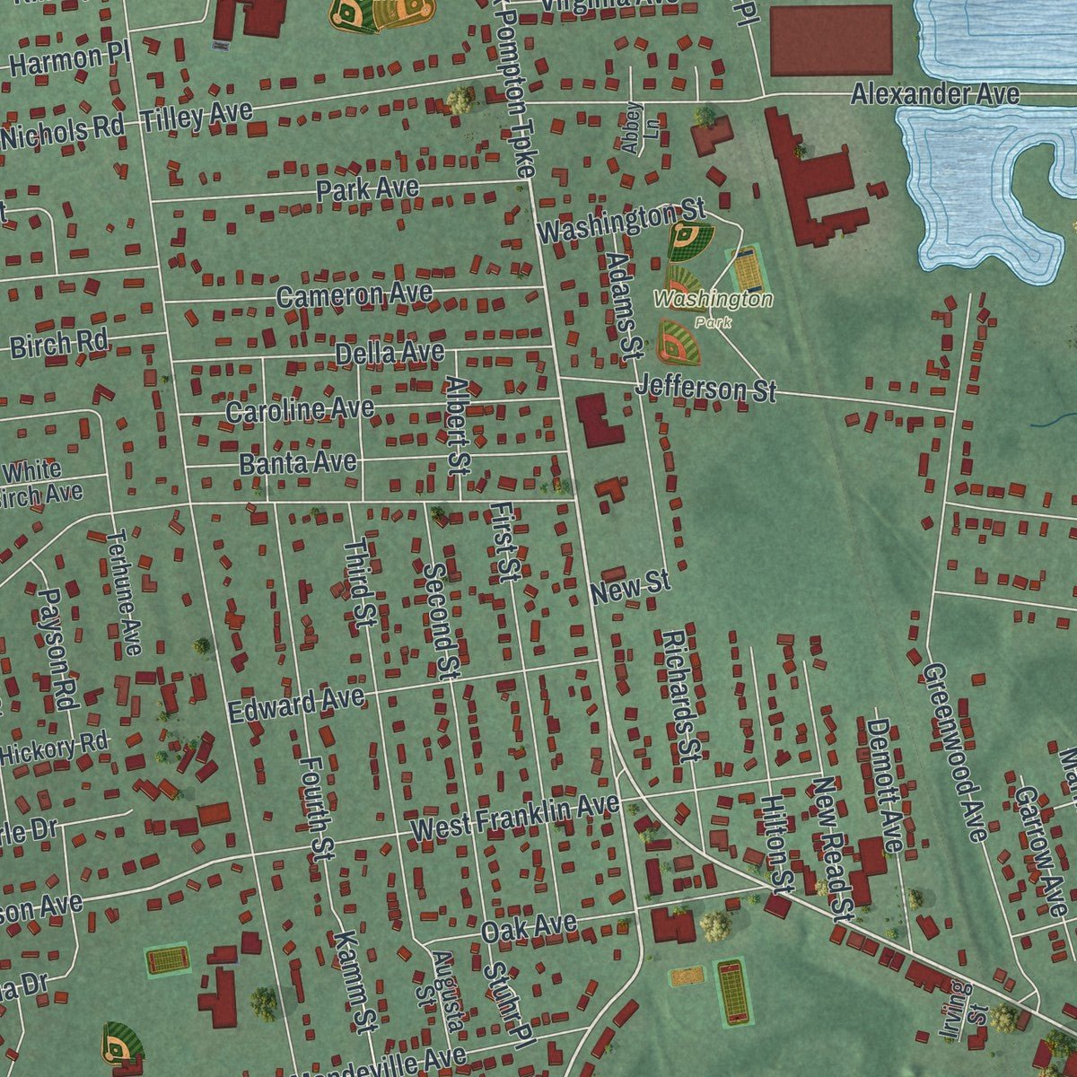 Close-up of the map of Pequannock, New Jersey print showing street and building detail