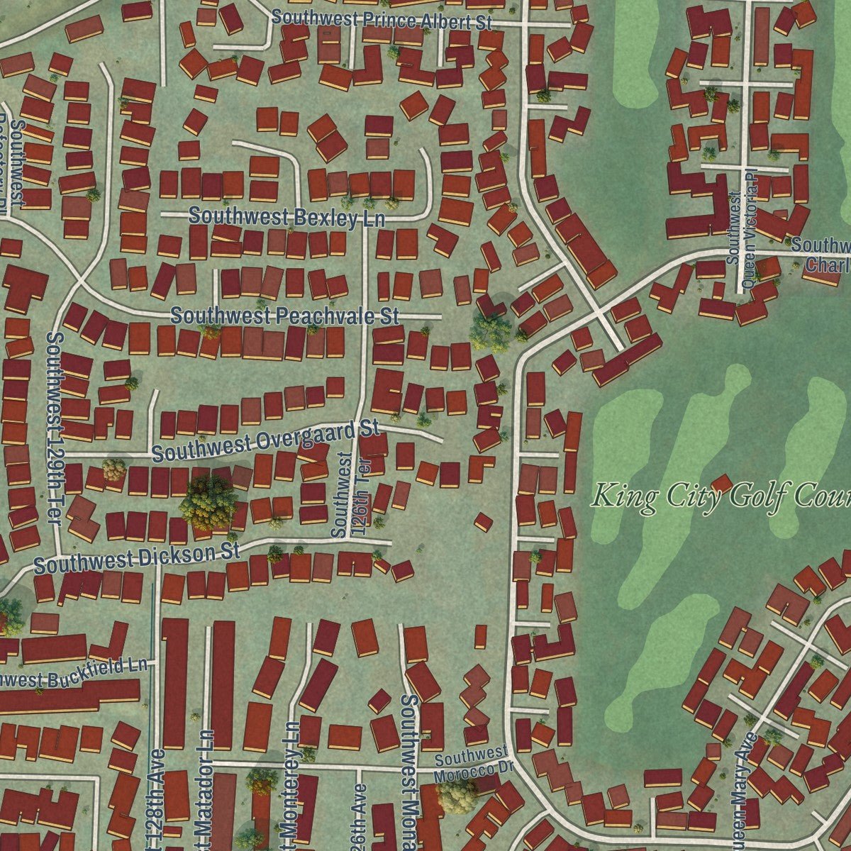 Close-up of the map of King City, Oregon print showing street and building detail