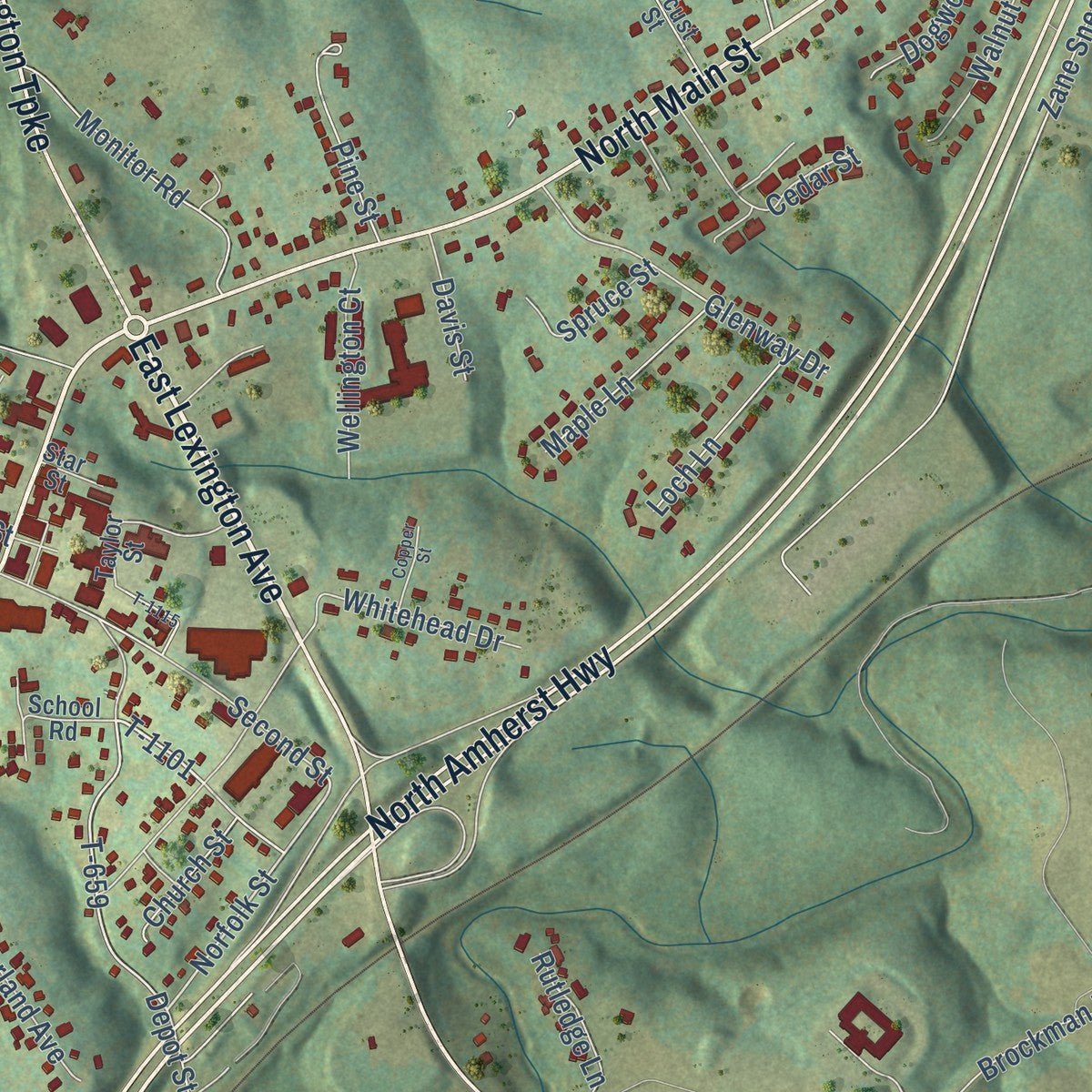 Close-up of the map of Amherst, Virginia print showing street and building detail