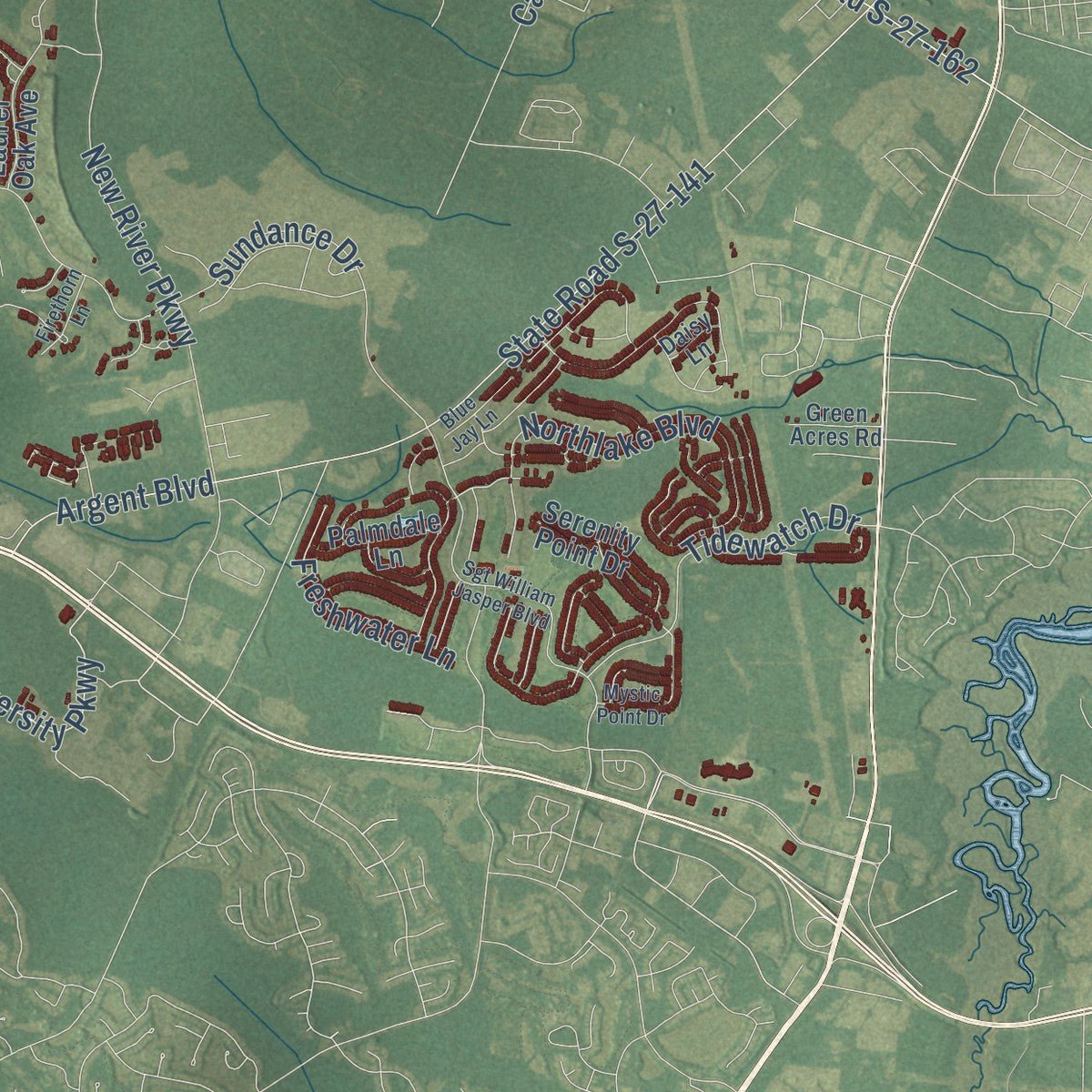 Close-up of the map of Hardeeville, South Carolina print showing street and building detail